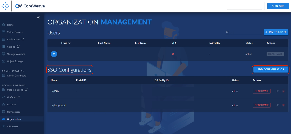 The SSO Configurations area on the CoreWeave Cloud UI